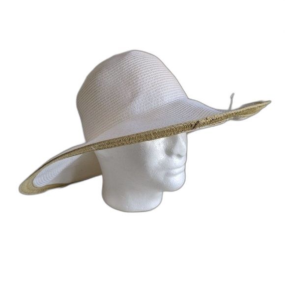 Packable Travel Floppy Straw Hat Wide Brim White with Tan Edge Vacation Cruise - Picture 2 of 11